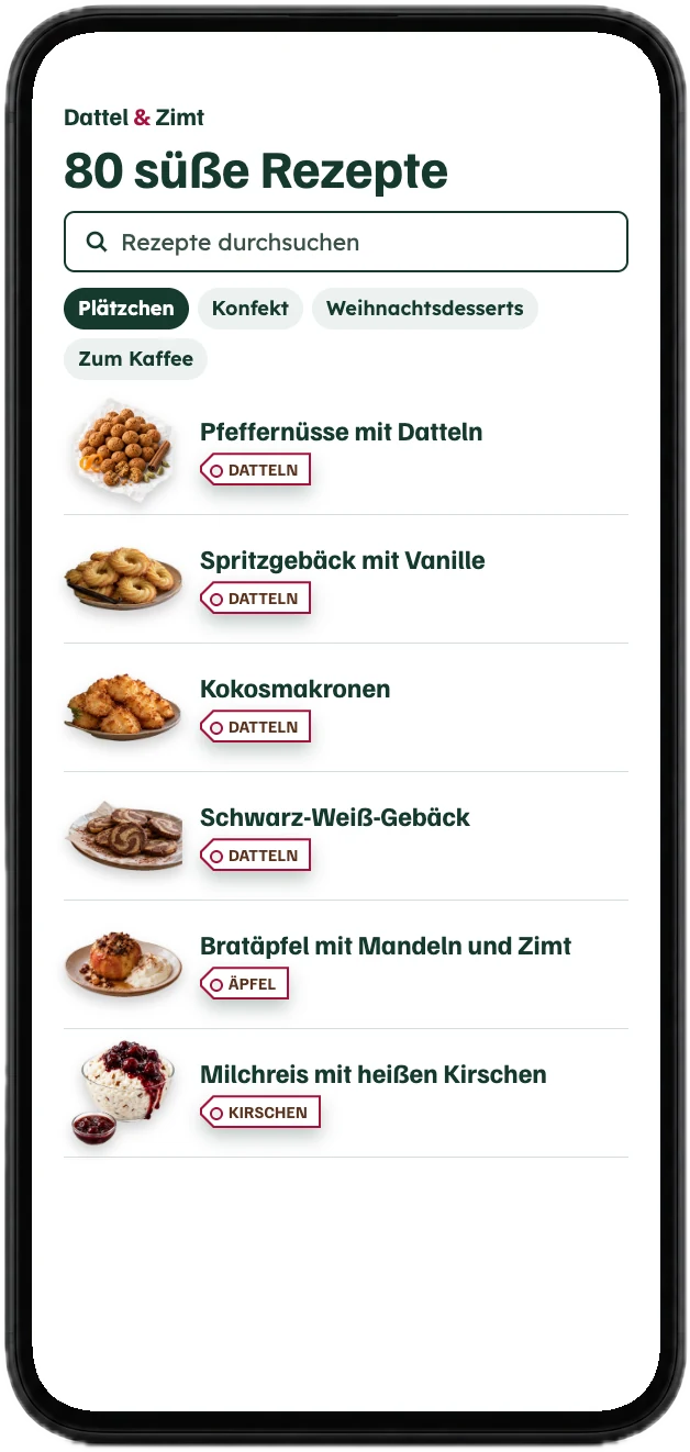 Die App mit den Rezepten, sortiert nach Plätzchen, Konfekt, Weihnachtsdesserts und Kuchen
