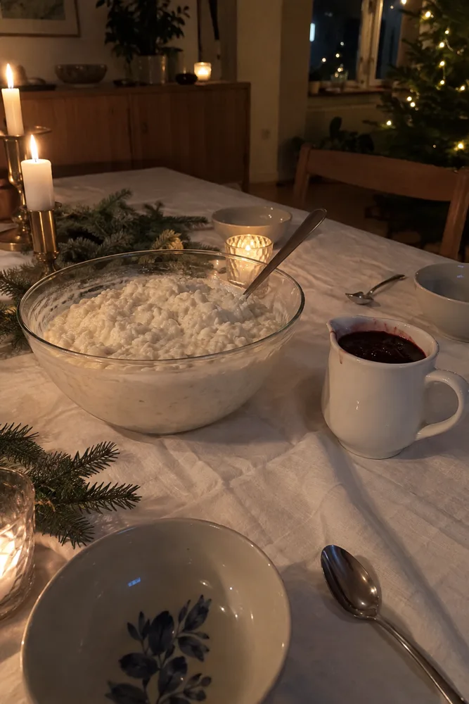 Milchreis und heiße Kirschen auf dem gedeckten Tisch an Heiligabend